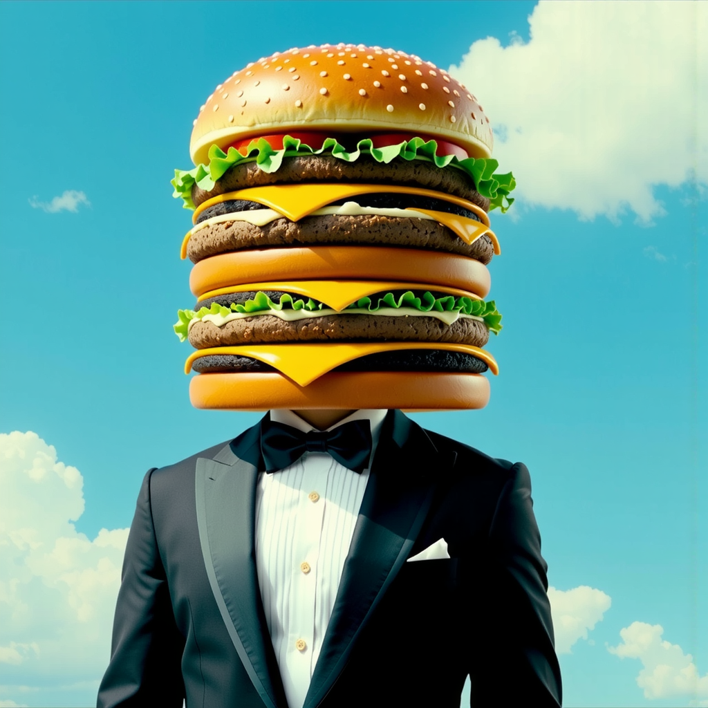 Shuttle Jaguar - Man in formal attire with oversized cheeseburger head