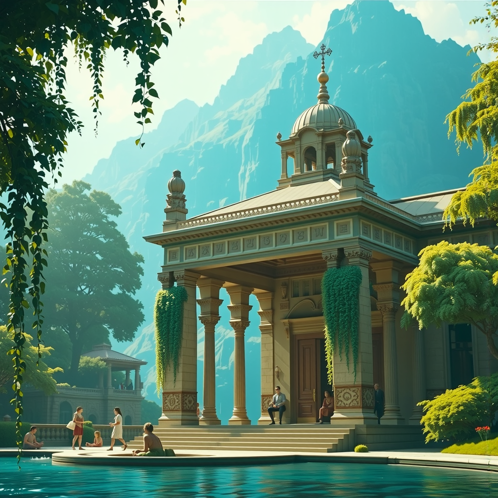 Shuttle Jaguar - Ancient temple by a serene lake.