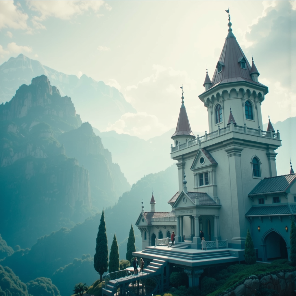 Shuttle Jaguar - castle, render of dreamy beautiful landscape, fantasy dreamy, artger, large scale, details vintage photo hyper realistic ultra realistic photo realistic photography, unreal engine, high detailed, 8 k
