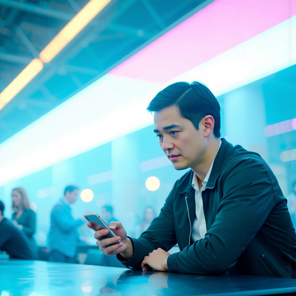 Shuttle Jaguar - Man stares at smartphone intensely.
