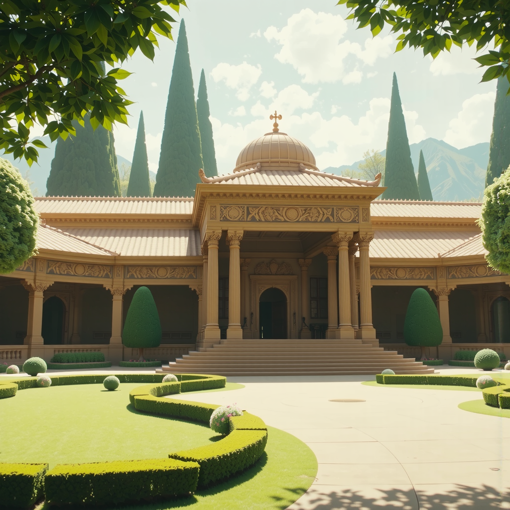 Shuttle Jaguar - Ancient temple in a formal garden.