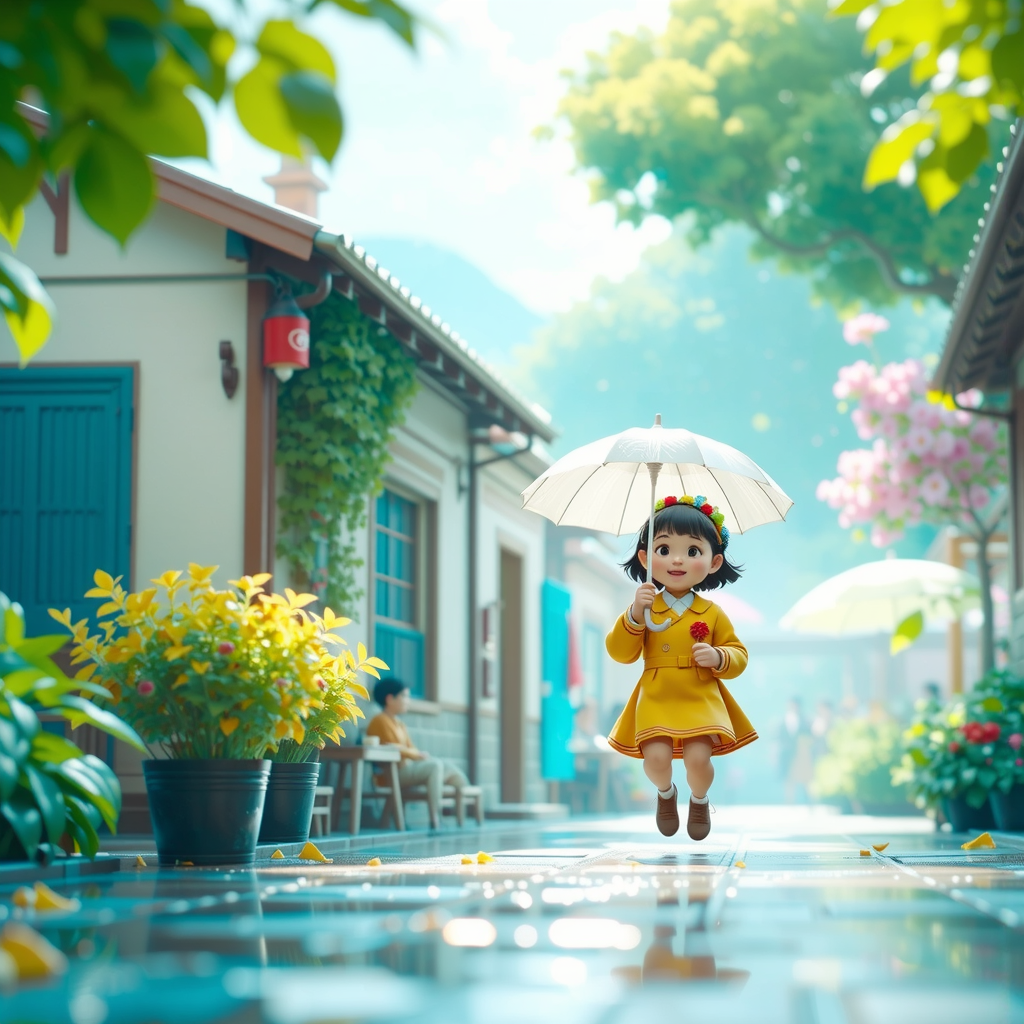 Shuttle Jaguar - Child runs with umbrella in rain.