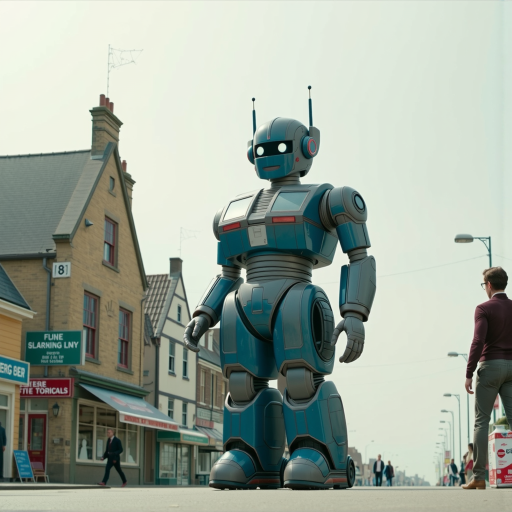 Shuttle Jaguar - Giant robot stands in seaside town.