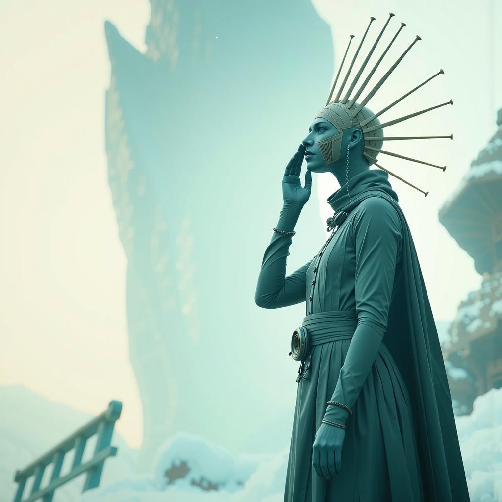 Shuttle Jaguar - Priestess in winter snowy landscape.