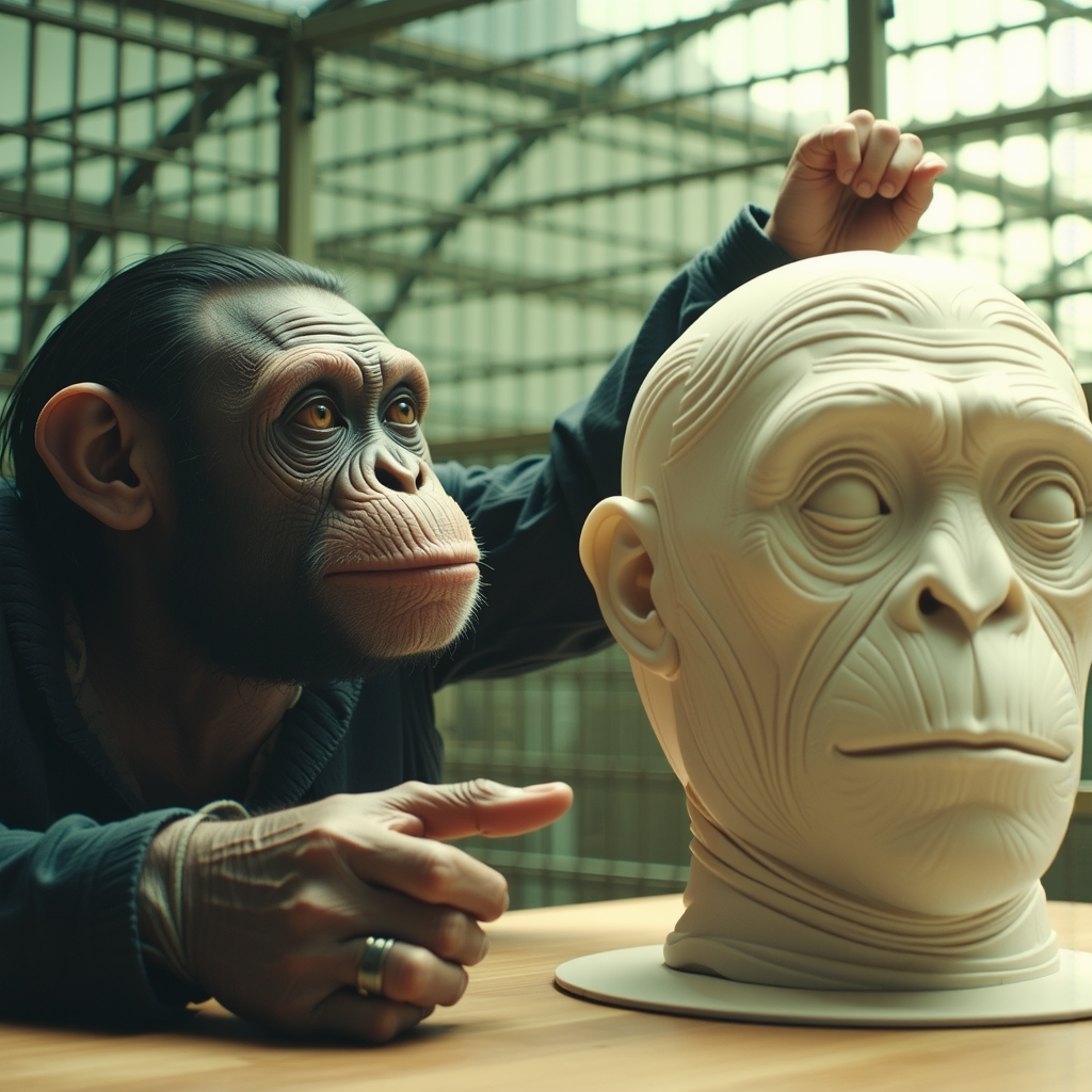 Shuttle Jaguar - Chimpanzee faces its own plastic model.