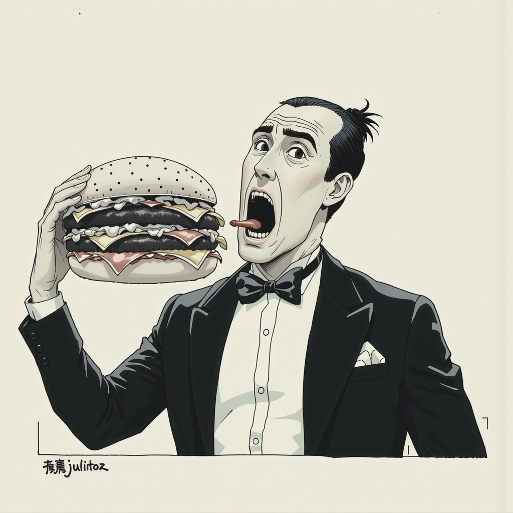 Shuttle Jaguar - Man in tuxedo eating large burger.