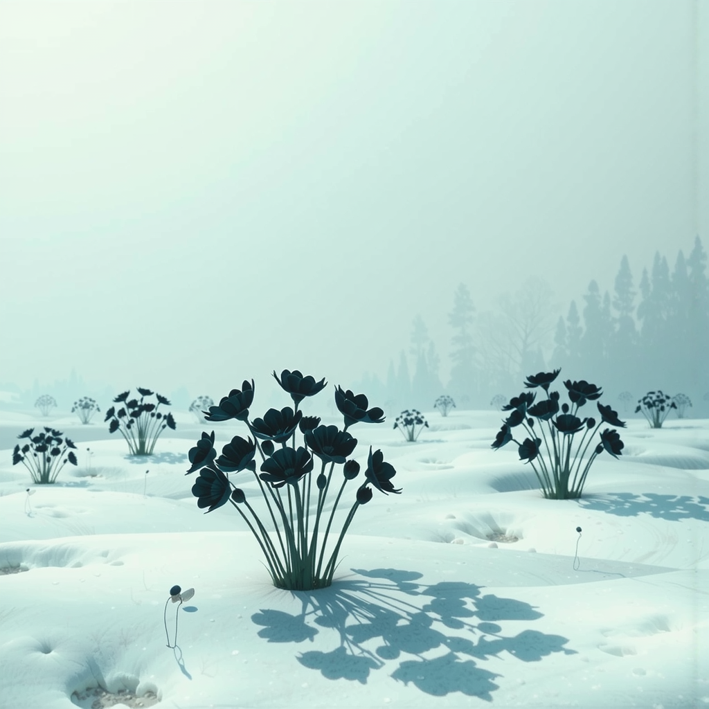 Shuttle Jaguar - Snowy meadow with dark flowers.