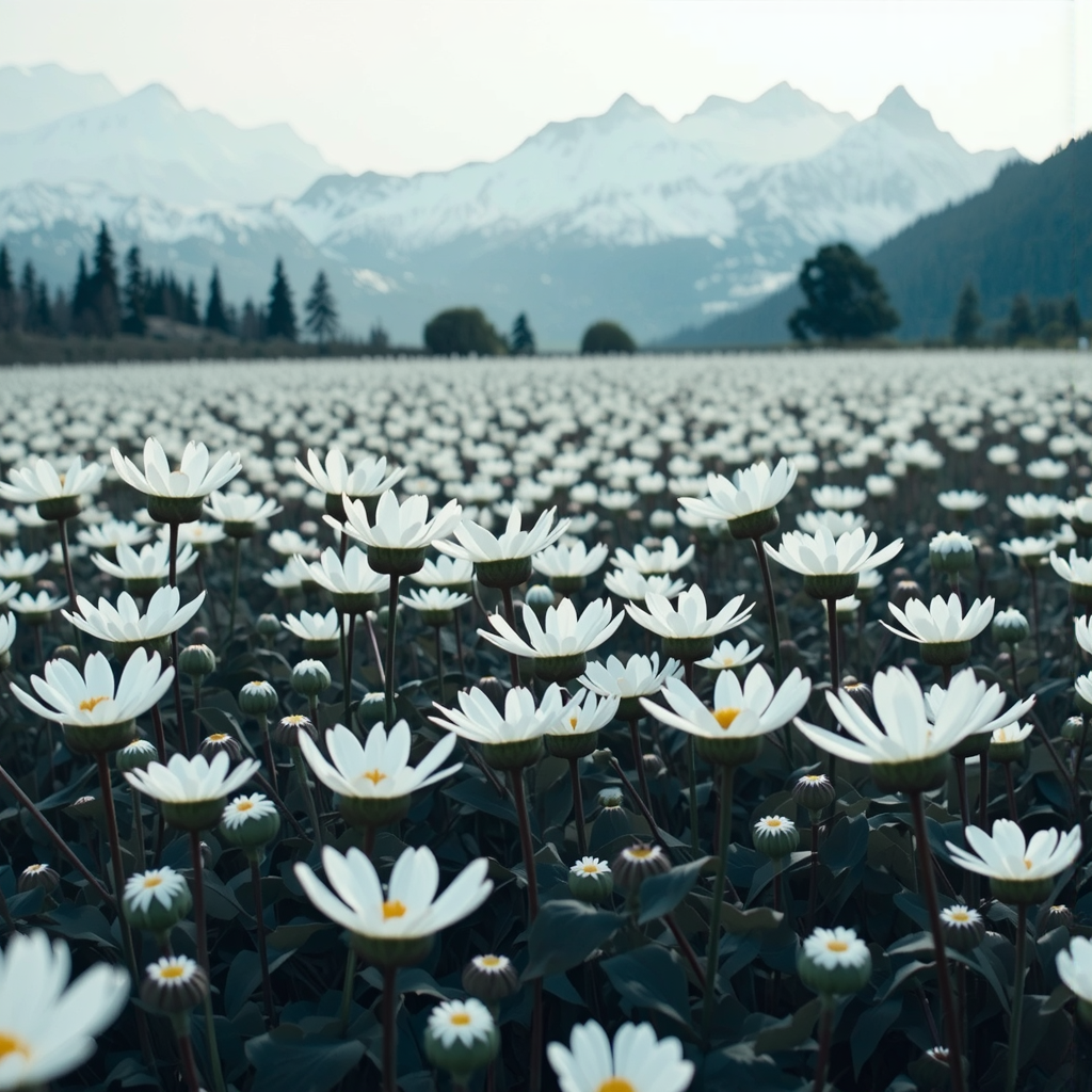 Shuttle Jaguar - Black flowers in a snowy field.