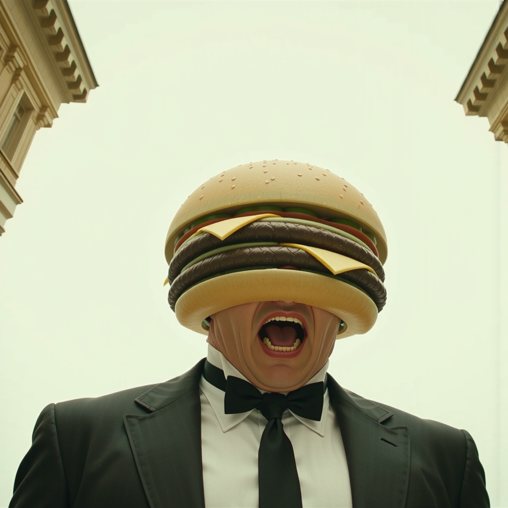 Shuttle Jaguar - Man in suit eating large burger.
