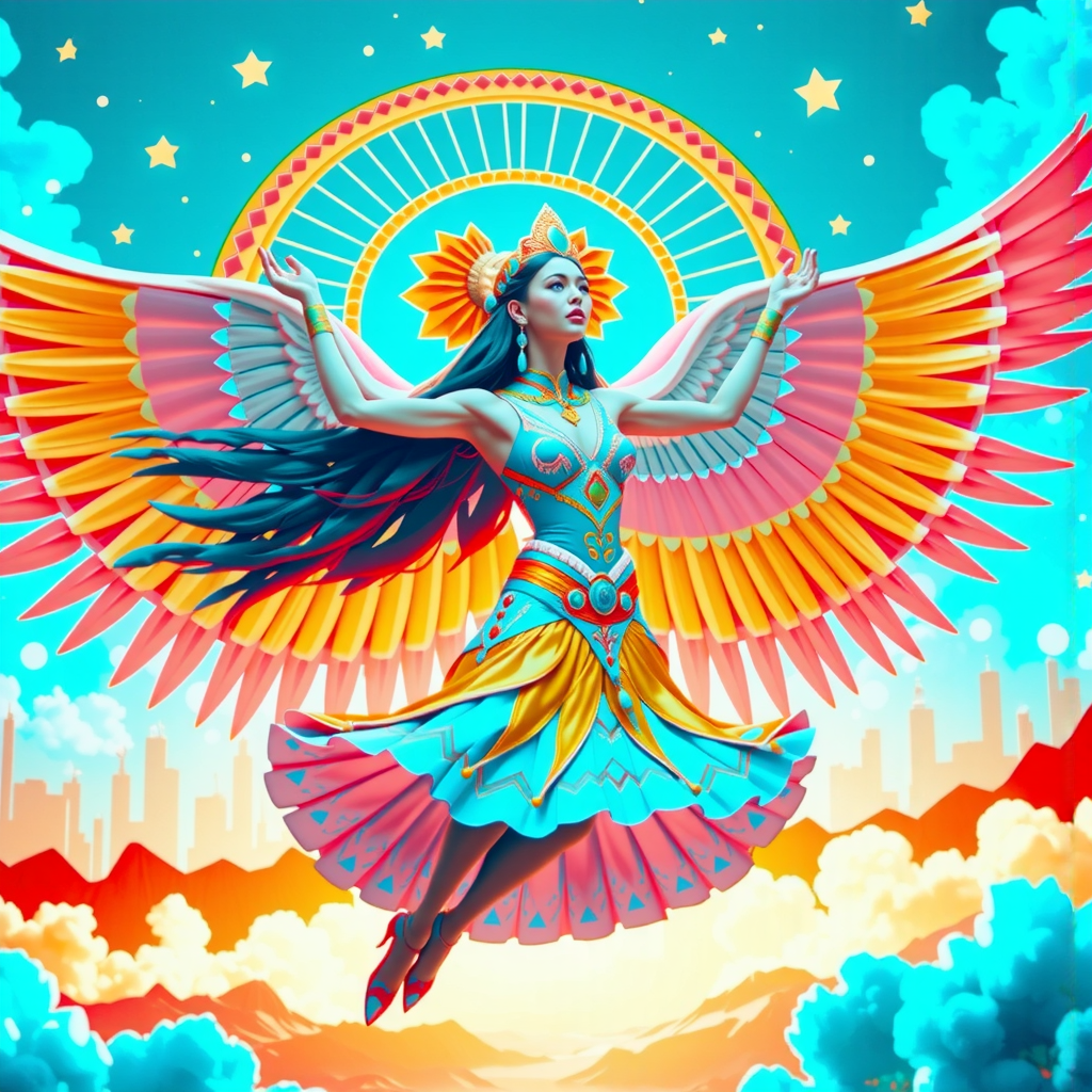 Shuttle Jaguar - A woman with eagle features dancing.