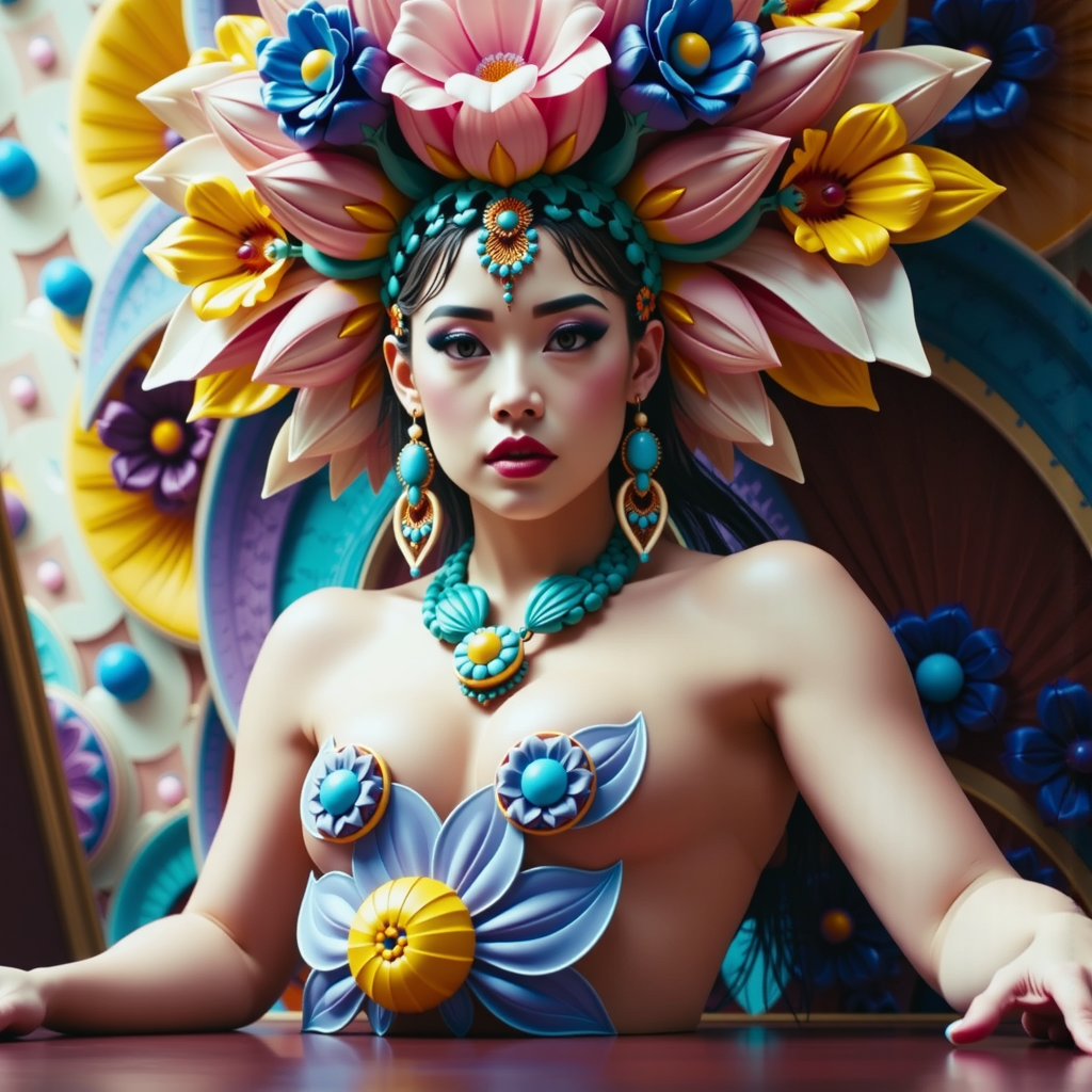 Shuttle Jaguar - Intricate ornate vibrant flower goddess image.