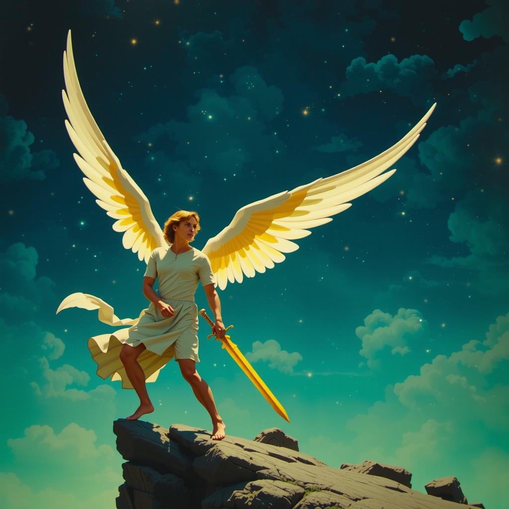 Shuttle Jaguar - Angel holds a long sword.