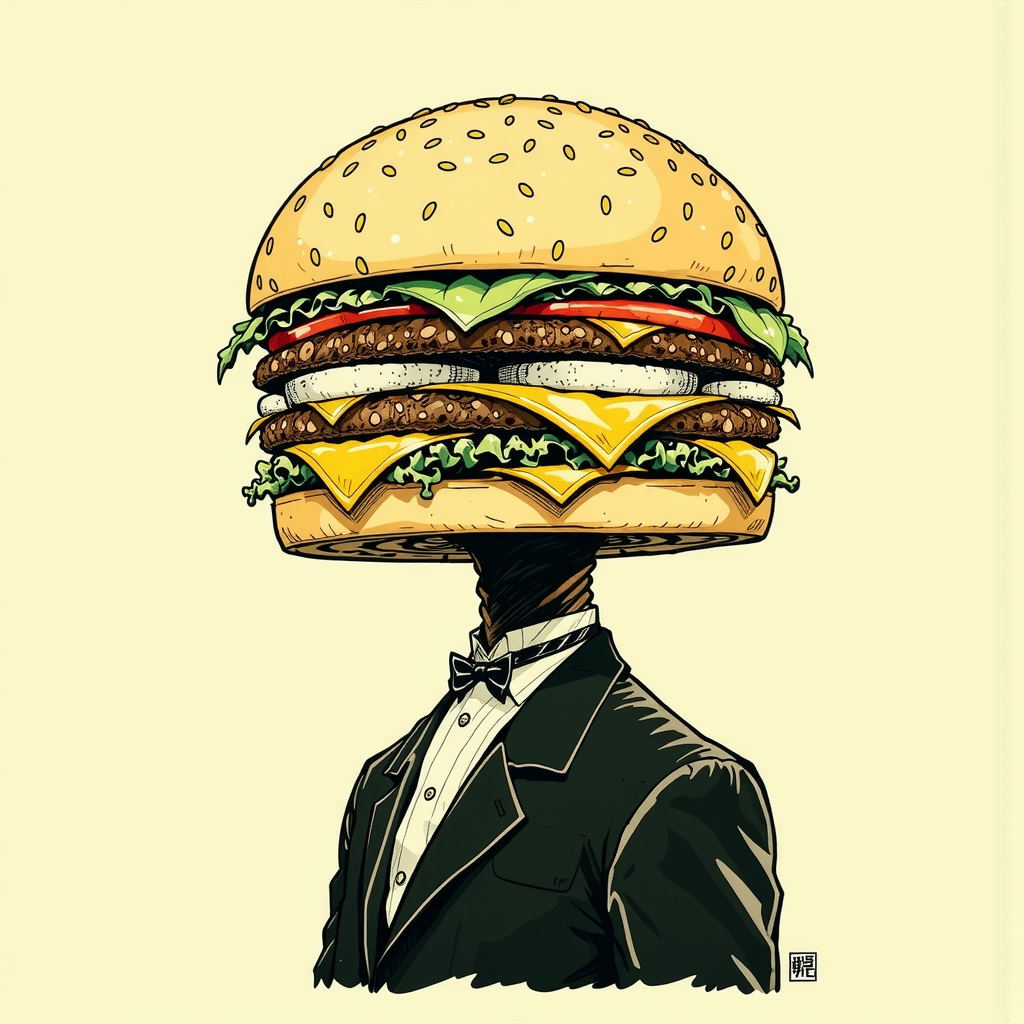Shuttle Jaguar - Man wearing a suit with a large cheeseburger head.