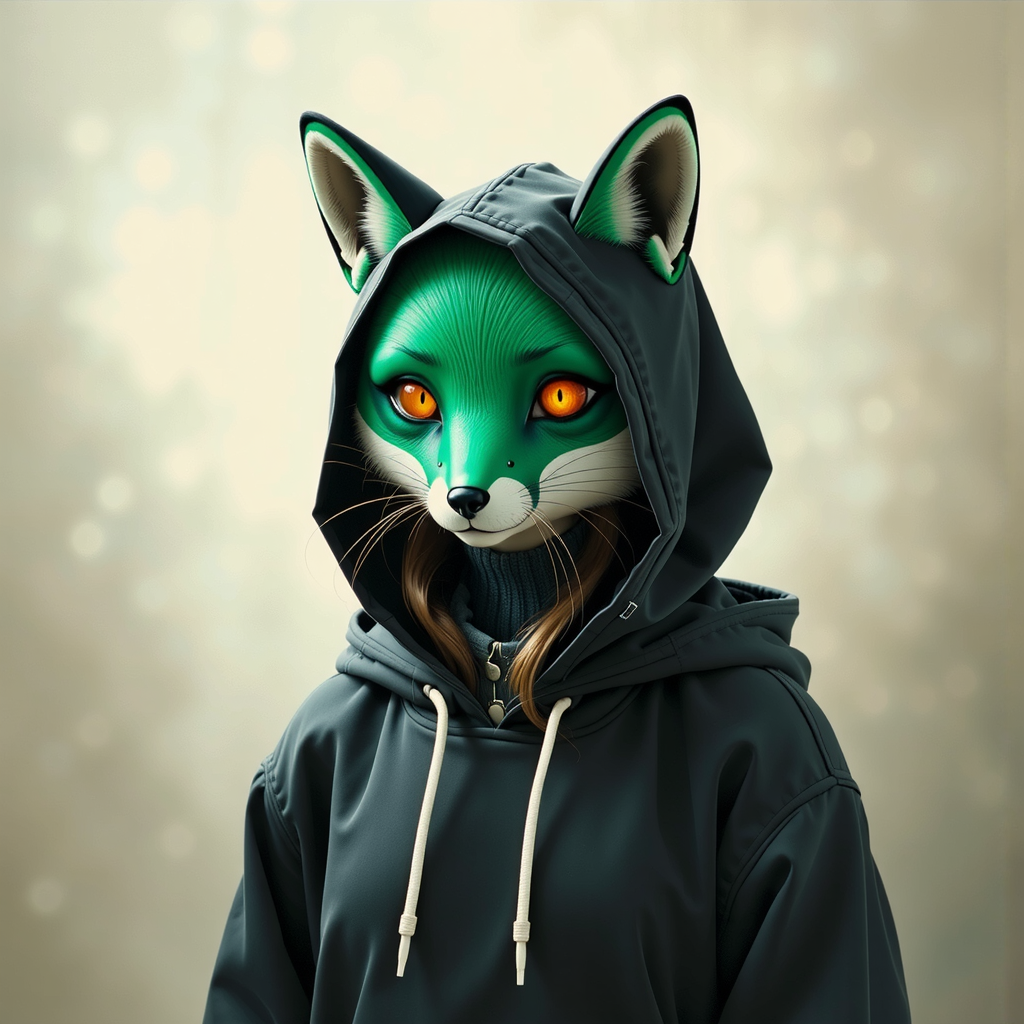 Shuttle Jaguar - oil painting portrait of anthropomorphic female green fox animal, dressed in black hoodie. fox animal, glowing eyes, oil painting, serious,
