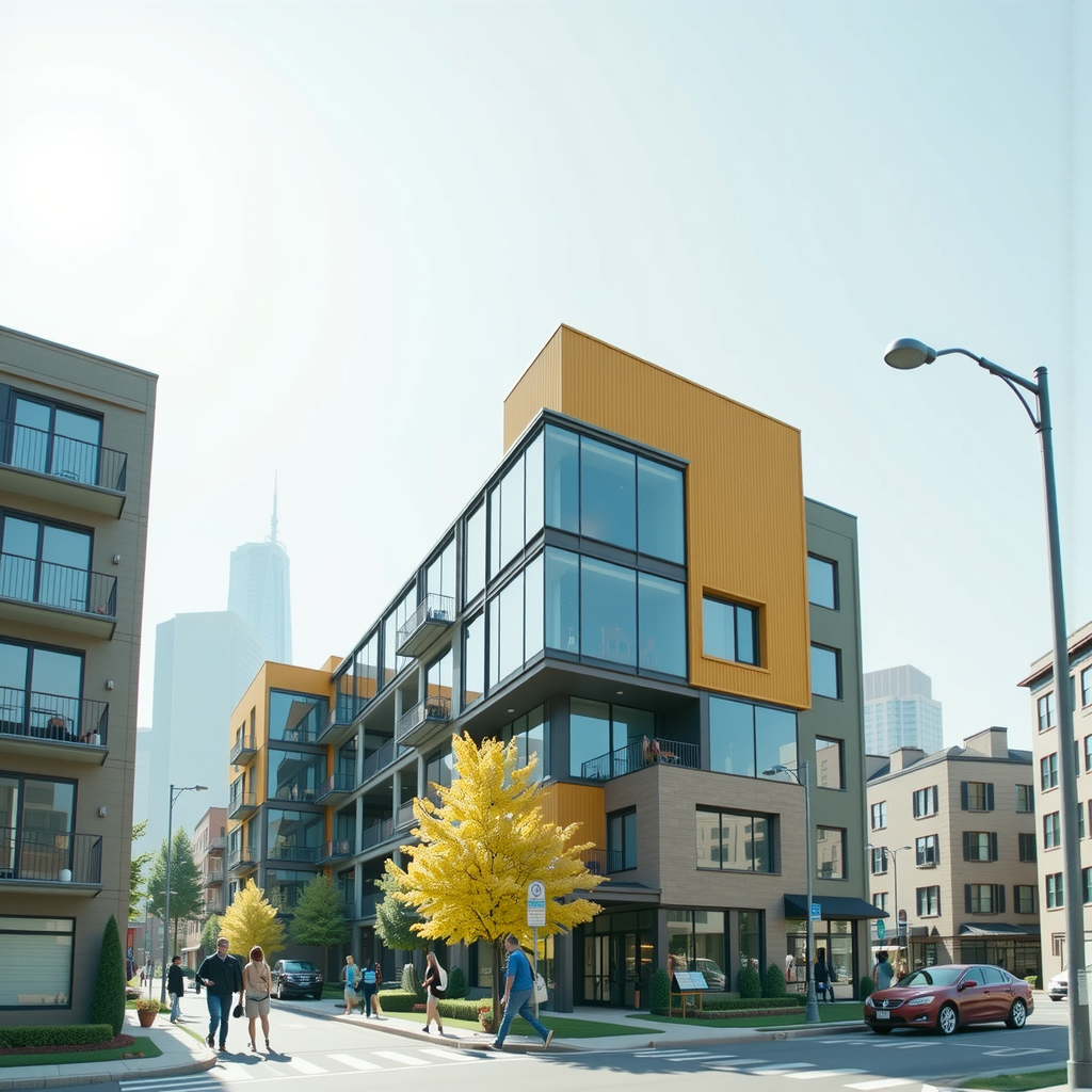 Shuttle Jaguar - a realistic architectural visualization of a sustainable mixed - use post - modern post - growth walkable people oriented urban development.