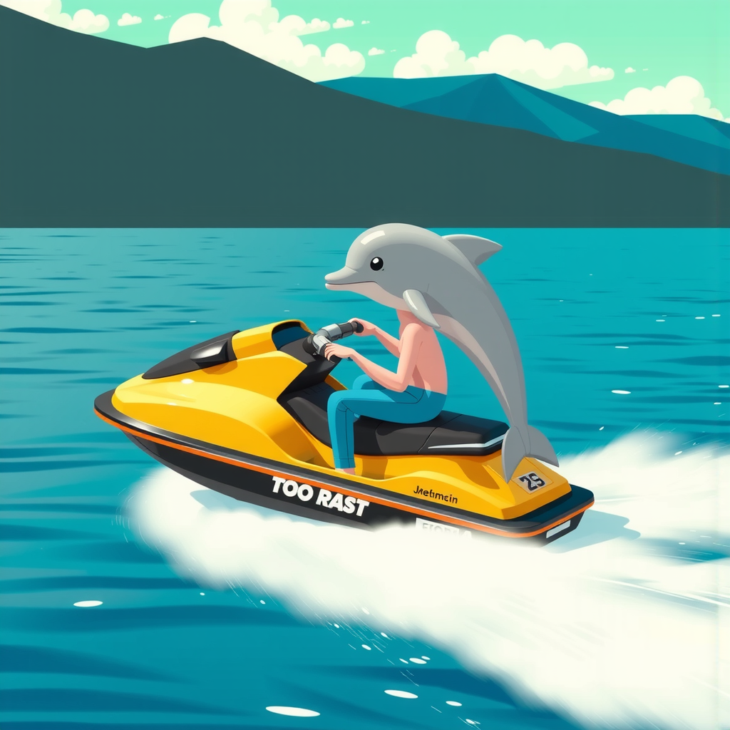 Shuttle Jaguar - riding a jetski, the jetski is a dolphin, going way too fast, cartoon