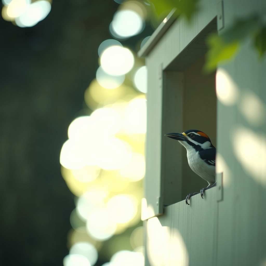 Shuttle Jaguar - A woodpecker looks out from a window.