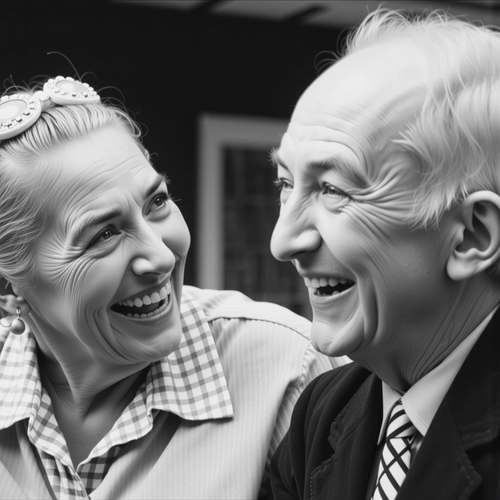 Shuttle Jaguar - Old couple smiling in black and white.