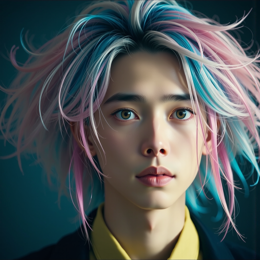 Shuttle Jaguar - portrait of an aesthetic guy with wild colorful hair, muted colors, dull colors, anime, detailed anime, hyper detailed anime, realistic anime, hyper realistic anime, cel shading, toon shading, straight on, hd, 4 k, 2 point studio lighting, detailed, highly detailed, concept art, full body character concept art,