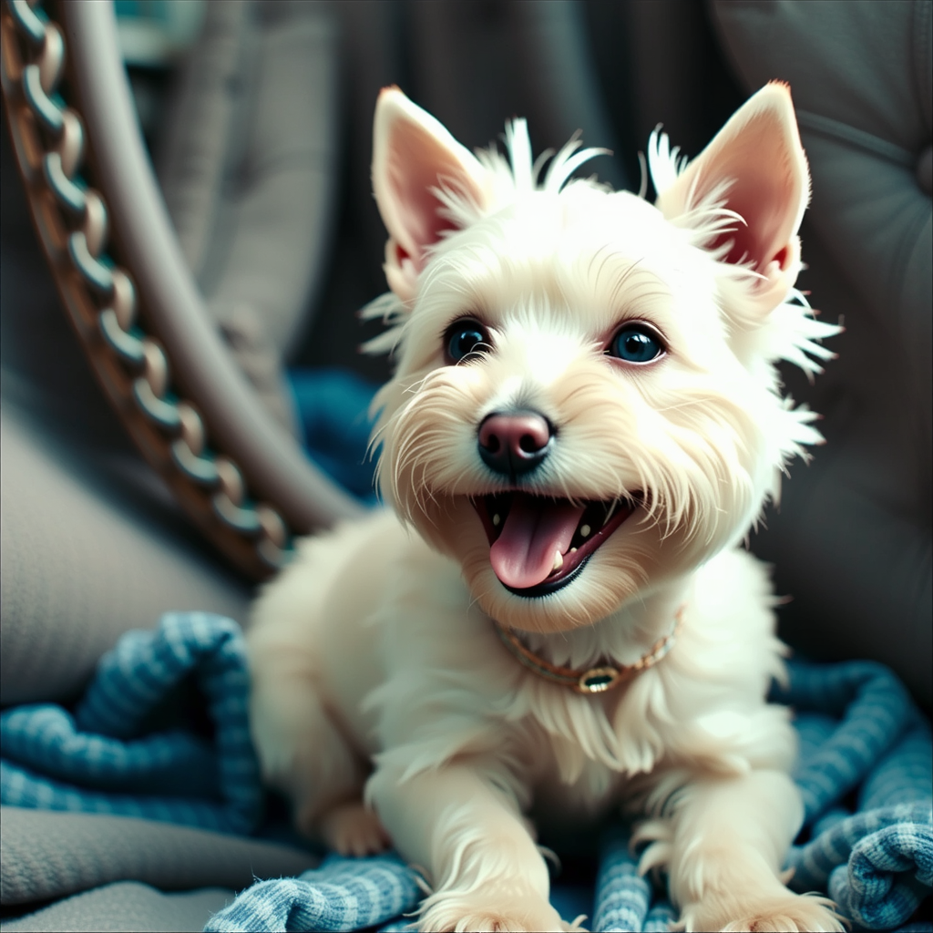 Shuttle Jaguar - west hightland white terrier, sweet, affectionate, tender, cute, old painting