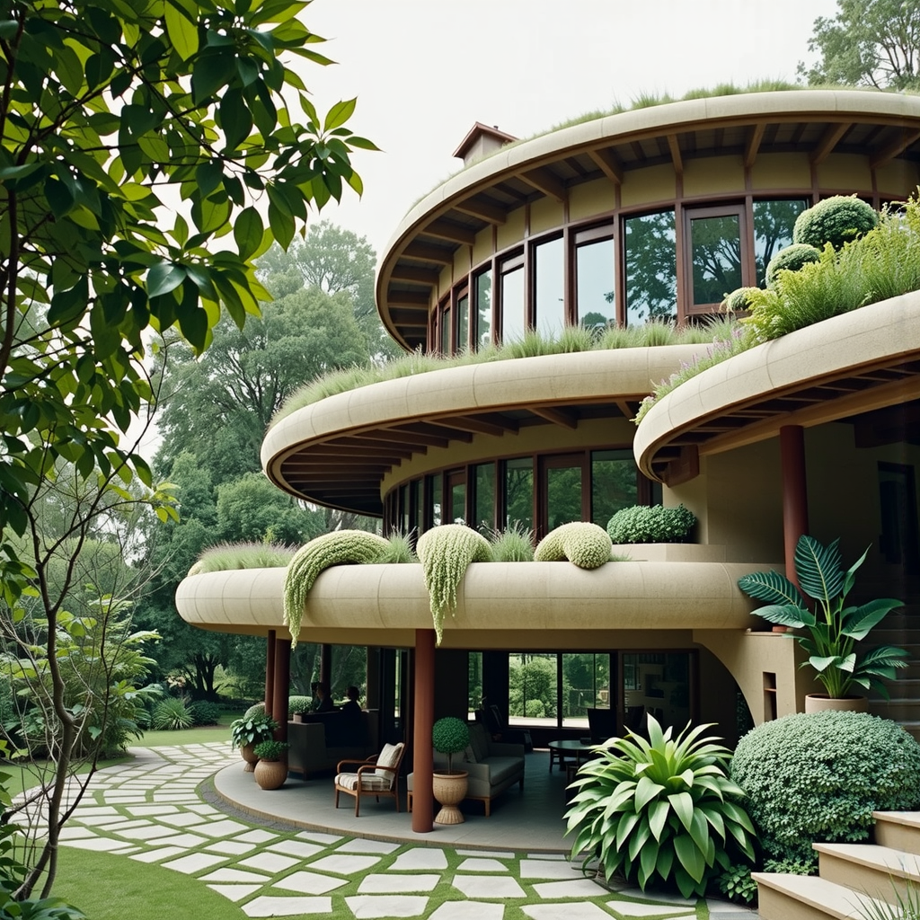 Shuttle Jaguar - architecture photography of a sustainably built large curvy rammed earth and timber house, covered in plants