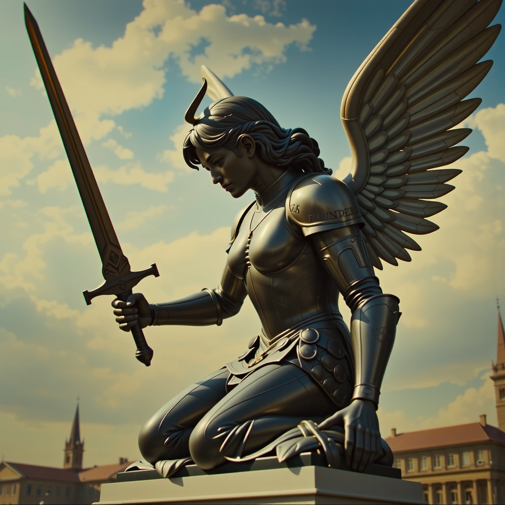 Shuttle Jaguar - Angel in medieval armor holds sword.