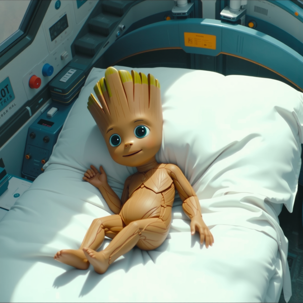 Shuttle Jaguar - Baby Groot lying flat in a spaceship.