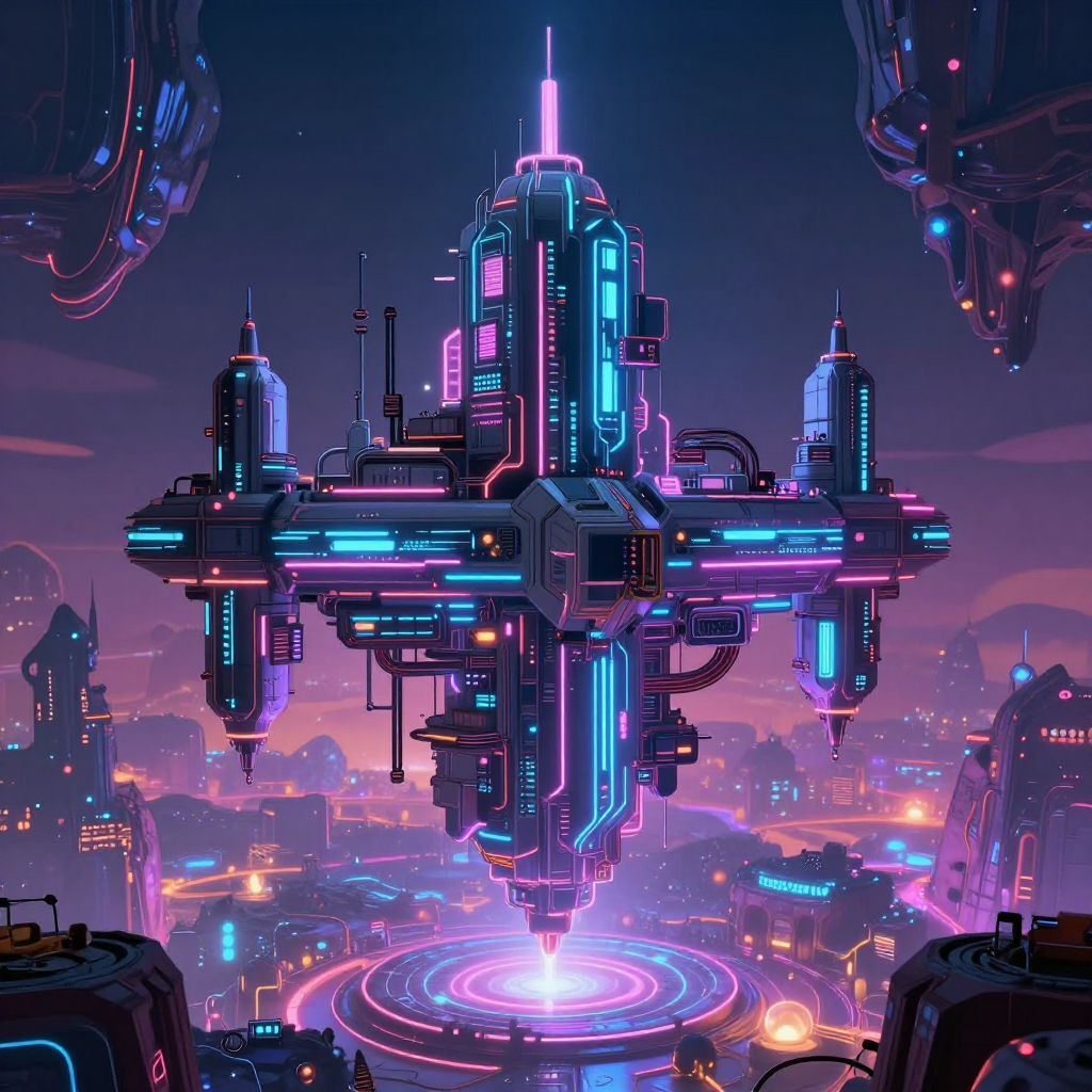 neon cyberpunk megastructure hovers