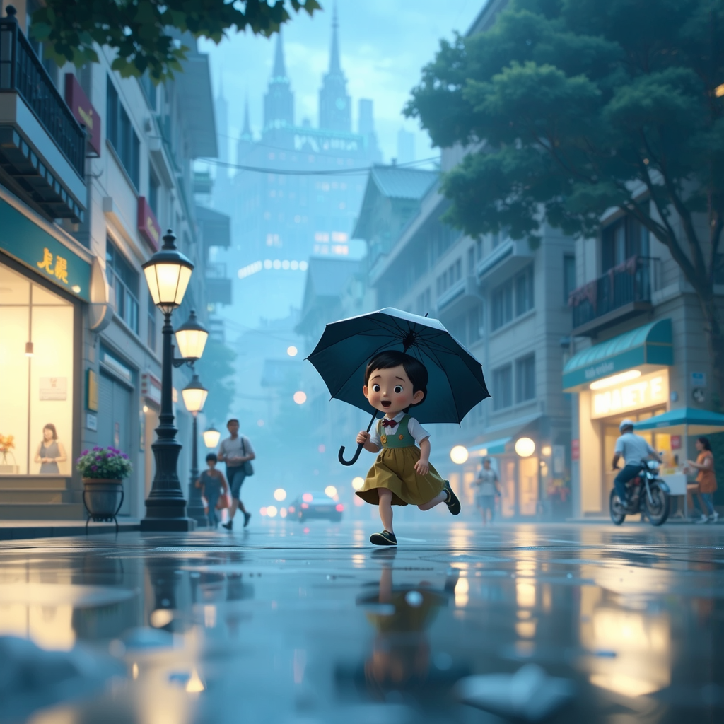 Shuttle Jaguar - Child running in rainy Japanese street.