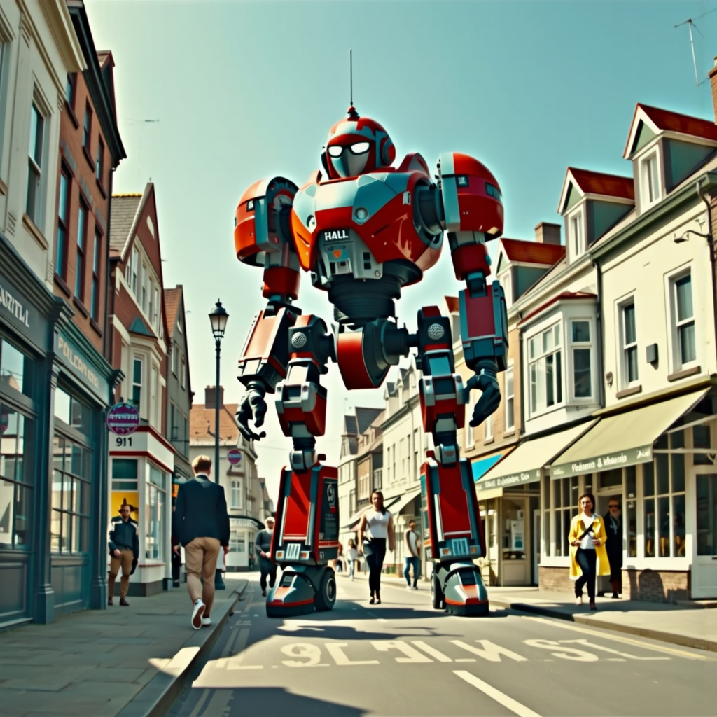 Shuttle Jaguar - Giant robot stands in seaside town.