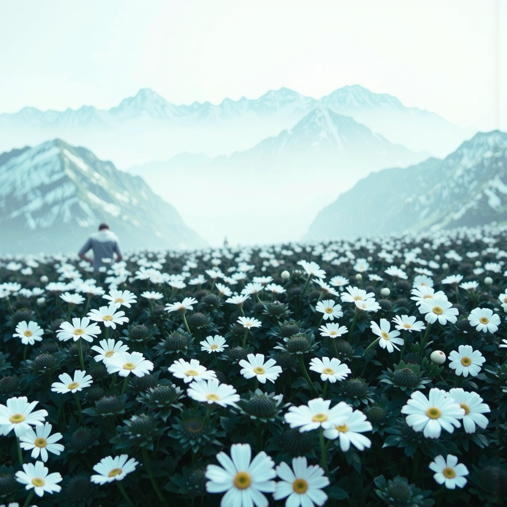 Shuttle Jaguar - Snowy field with blooming flowers.