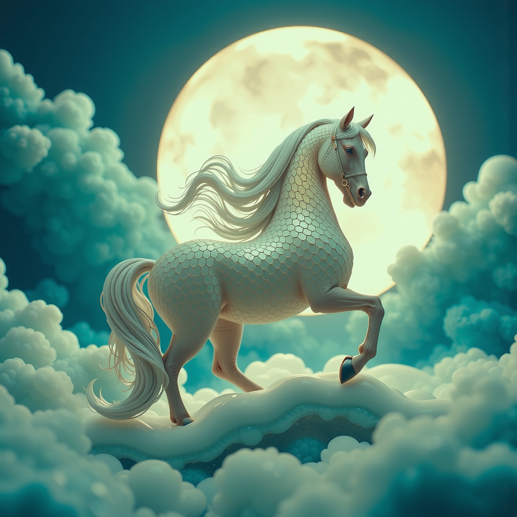 Shuttle Jaguar - A translucent glowing horse dancing under a large moon.